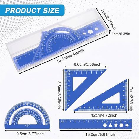 Règle - Équerre 45° - Équerre 60° - Rapporteur - Lot de 4 Outils de Géométrie en Aluminium - Pour Architecture et Éducation - 15 cm - Bleu (1/5)