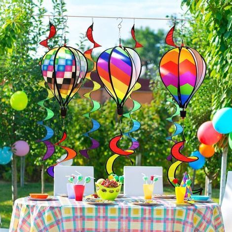 Lntyq Lot de 3 montgolfières de 110 cm - Arc-en-ciel - Pour le jardin - Tourbillons - Moulin à vent - Rayé - Arc-en-ciel - Manches à vent rotatives - Paillettes - Décoration de cour (1/5)