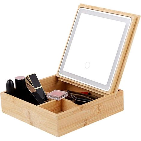Organizer In Bambù Con Specchio A Led – Portaoggetti 3 Scomparti 19.7x19.7x22 Cm