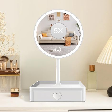 Miroir sur Pied Maquillage, Miroir Grossissant 5X, Blanc Tiroir 3 Couleurs de Lumière, Luminosité Réglable, Rechargeable par USB, Idéal pour Chambre à Coucher, Coiffeuse, Salle de Bain (1/5)
