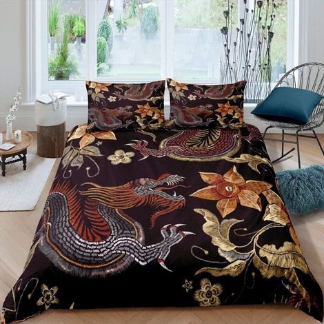 Style Chinois Housse de Couette Dragon Fleur Motif Parure de Lit 200x200cm pour Enfants Vintage Floral Imprimé Ensembles de Housse de Couette Luxe Chambre Collection 3 pièces - 200x200 cm (1/5)