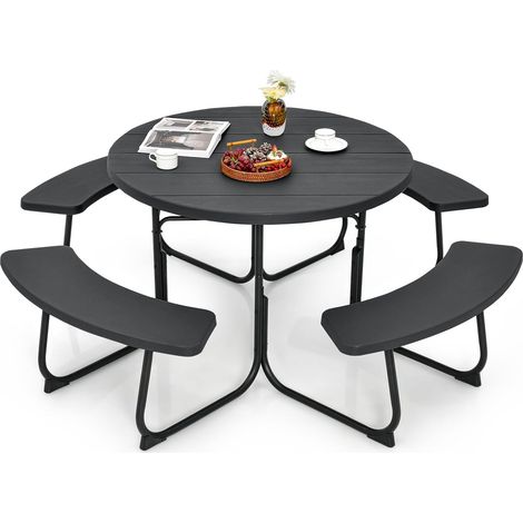 COSTWAY Ensemble Table de Pique-Nique avec 4 Bancs Intégrés, Ensemble de Jardin Table de Pique-Nique Circulaire 135KG Trou pour Parasol, pour Jardin Piscine, 190 x 76 cm (Noir) (1/5)