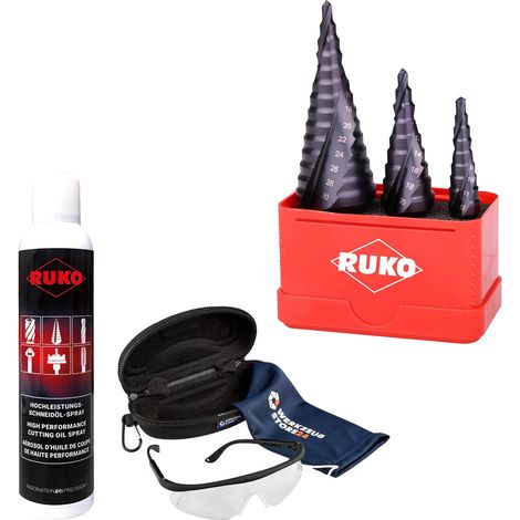 RUKO  Broca  escalonada  HSS-TiAlN,  estriada  en  espiral  con  afilado  cruzado  3pzs.  incl.  spray  y  gafas  de  seguridad  -  WZS101032F