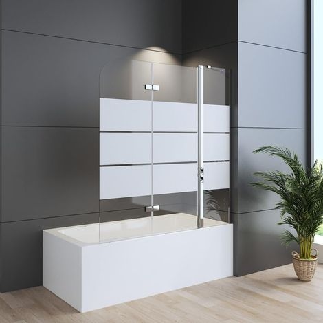 Duschwand für Badewanne 150x140 cm Badewannenaufsatz 3-teilig Duschtrennwand für Badewanne Duschwand Badewanne Duschabtrennung Badewanne, 6mm ESG Glas mit Milchglas Streifen