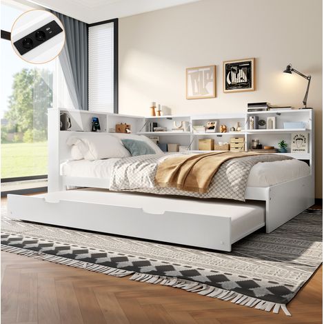 Cama nido 140x200 cm blanca con cabecero con almacenaje, cama extraíble 90x190, USB y Tipo C, de madera y MDF, sin colchón CHICFURN (1/5)
