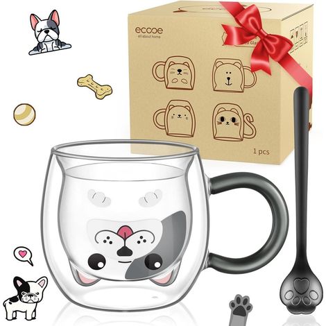 Doppelwandige Hund Tasse 280ml Gläser mit Löffel - Kaffeetasse Süße Teegläser (1/5)
