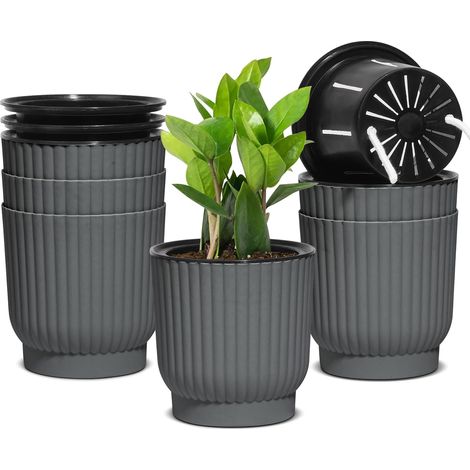 pots de fleurs auto arrosants en avec support pour rebord fenêtre plantes d'intérieur et d'extérieur 11,4 cm Lot de 6 Plastique Gris (1/5)