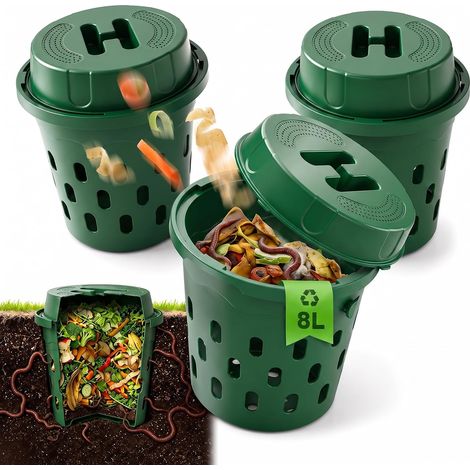 3 Pièces 8L Souterrain Composteur de Jardin avec Couvercle PP Lombricomposteur avec Trous de Ventilation, Organique Composteur pour Jardins, Massifs de Fleurs, Cours 24x23cm (1/5)