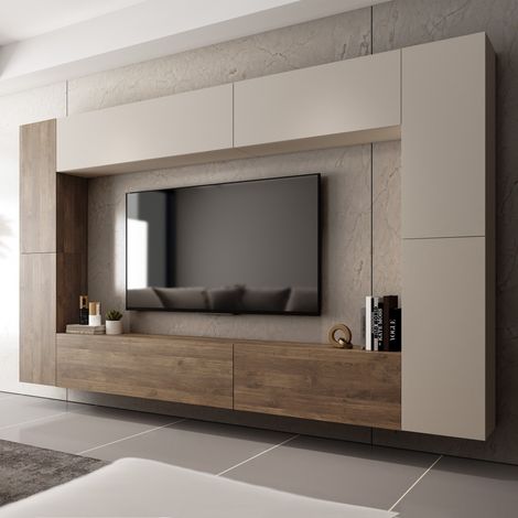 Hadara Wohnwand, 8 Regale, Flexibel, Schwingtüren, Beige (1/4)
