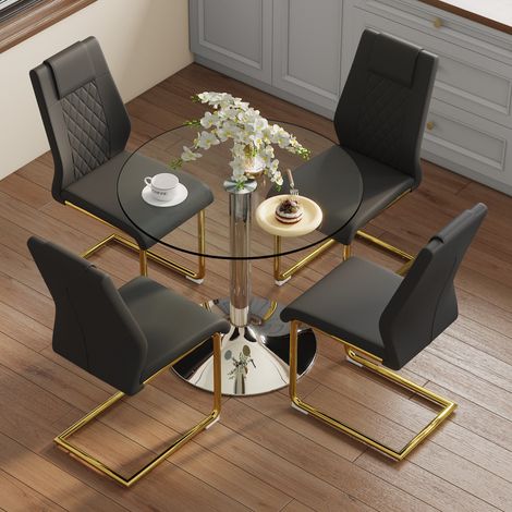 Ensemble table ronde 85 cm en verre trempé + 4 chaises PU noir pieds métal doré – style minimaliste moderne pour salle à manger (1/4)