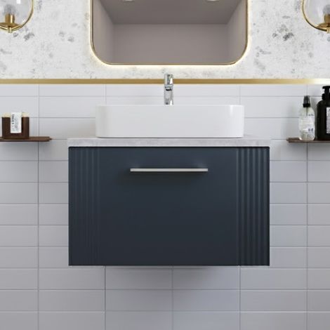 Nuie Deco Satin Soft Black 600mm Wall Hung Single Drawer Vanity Unit with Bellato Grey Worktop - DPF1494LBG (1/5)