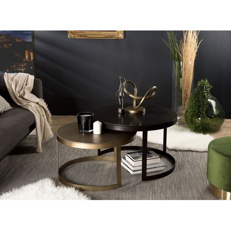 JOHAN - Set de 2 tables gigognes ceinturées rondes aluminium noir doré (1/5)