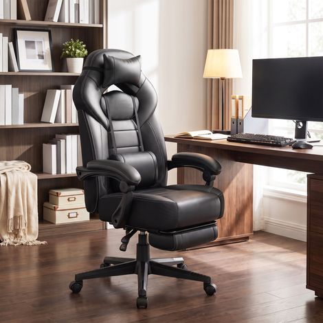 Fauteuil de Bureau Ergonomique avec Support Lombaire, Chaise Gaming en PU, Coussin de Tête Réglable, Noir (1/5)