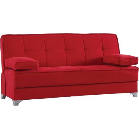 Dmora - Divano letto 3 posti Andrey, Divano contenitore lineare con 2 cuscini inclusi, Sofà da soggiorno apertura click-clack, 190x87xh91 cm, Rosso (1/5)