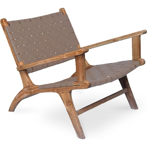 Poltrona da Salotto con Braccioli - Design Boho Bali - Legno e Pelle - Recia Marrone