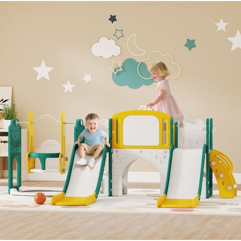 Set infantil de tobogán y columpio 9 en 1 de HDPE 250 x 150 x 94 cm amarillo HAVRYA (1/3)