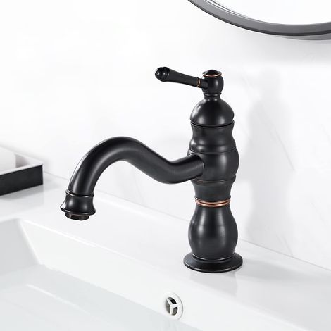 Robinet Lavabo Noir Rétro, Pivotant à 360° Robinet Salle Bain, Monocommande Mitigeur Lavabo en Laiton, Rétro Robinets de Lavabo avec Chaude et Froide Réglable, 3/8'' Installation Standard (1/5)