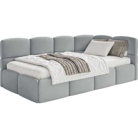 Selsey Cloudy – Jugendbett 120x200, Kopfteil rechts, Matratze & Bettkasten, Samt Grau