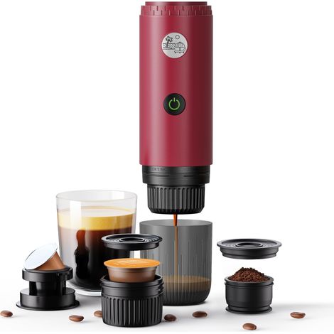 Machine à café portable 3 en 1, machine à expresso portable 19 bars avec chauffage automatique, compatible avec les capsules et le café moulu pour le camping et les voyages (rouge) (1/5)