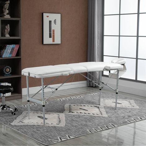 Klappbare Massageliege aus Aluminium mit verstellbarer Höhe, 3 Massagezonen, Kopfstütze und Armlehnen – Weiß