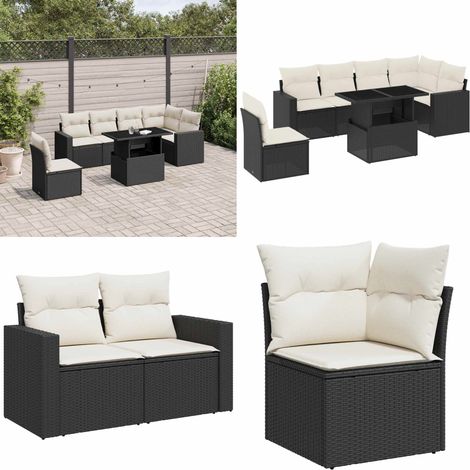 7-tlg. Garten-Sofagarnitur mit Kissen Schwarz Poly Rattan - Gartenmöbel Set - PE-Rattan Möbel - Outdoor Lounge - Gartenlounge - Balkonmöbel - Home & Living (1/5)