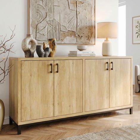 BLANKETSWARM - Buffet 160 cm avec 4 portes, Meuble de Rangement - Pieds en métal - Style campagnard - Rangement pour salle à manger, salon, cuisine, 160x35x80 cm, Naturel