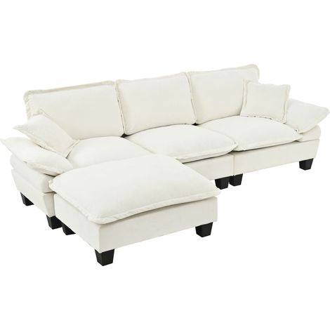 CAIziCanapé d’angle modulaire, canapé cloud en L au design de voilier, avec 1 ottomane mobile et 2 coussins moelleux, revêtement en chenille confortable pour salon et appartements, beige (1/5)
