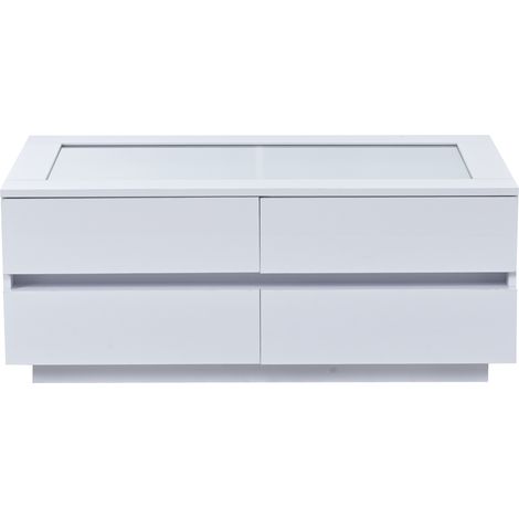 Tavolino da salotto bianco 100x50x40 cm con 4 cassetti, vetro temperato e LED (1/5)