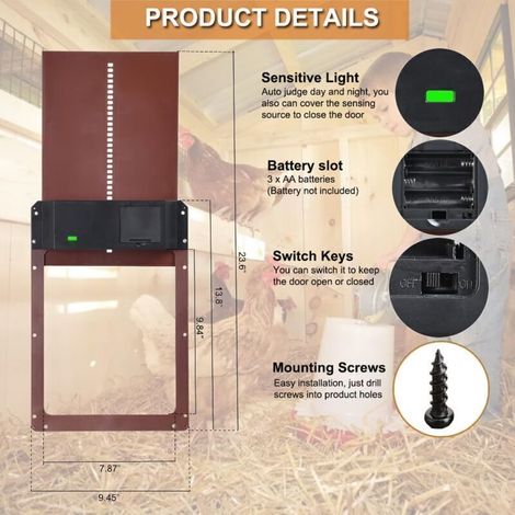 Kit de porte de poulailler automatique, porte de poulailler automatique alimentée par batterie avec minuterie et capteur de lumière, accessoires de poulailler (1/5)