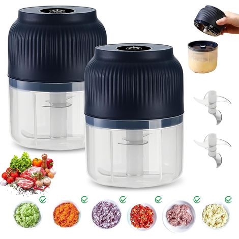 Lot de 2 mini hachoirs électriques, hachoir sans fil de 300 ml, hachoir de cuisine électrique avec connexion USB, hachoir à ail, mini trancheuse à oignons, pour oignons, légumes, fruits, noix (bleu) (1/5)