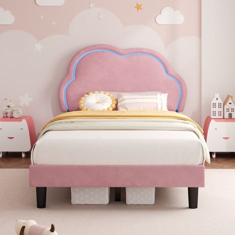 3ft Single Upholstered Bed with LED Adjustable Cloud Headboard, Soft Velvet, Solid Wood Slat, No Box Spring Needed, Pink, 90x190cm (No Mattress) (1/5)