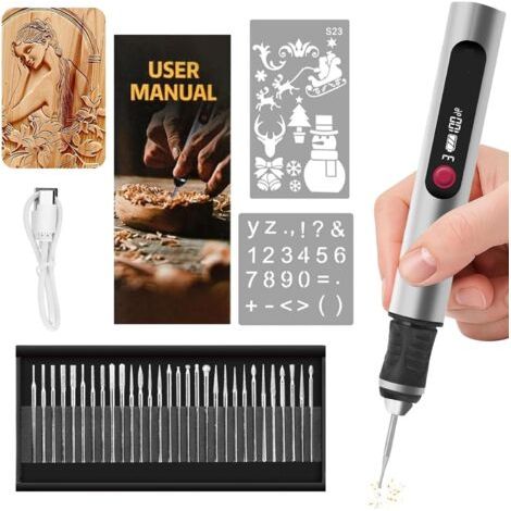 1 Stylo de gravure électrique, 3 vitesses, 30 embouts, rechargeable USB, pour bois, métal, verre, bijoux, céramique (1/5)