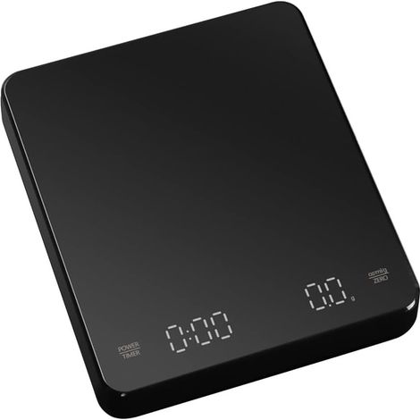 Digitale Kaffeewaage mit Timer und LED-Anzeige, maximale Wiegekapazität von 3 kg, Genauigkeit von 0,1 g, geeignet für Filterkaffee und Kannenkaffee.
