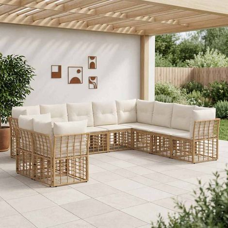 Salon de jardin d’angle modulaire en polyrotin et polyester naturel, 10 places - PANGIVO (1/5)