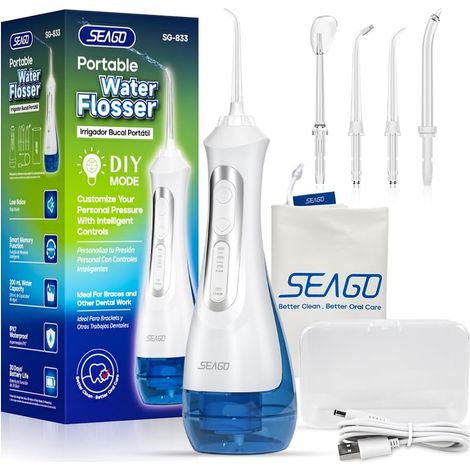 Hydropulseur Jet Dentaire Portable, Detartreur Dentaire, DIY Modes, IPX7 Etanche, 5 Buses à Jet, USB Rechargeable, Jet Dentaire pour la Maison et les Voyages (Blanc) (1/5)