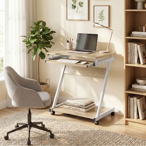 Bureau pour ordinateur avec 4 roues, Clavier coulissant, Couleur chêne (1/5)