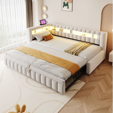 Divano letto estraibile 211.5x102x79 cm, luci LED regolabili, porte USB e Type C, velluto, beige (1/5)