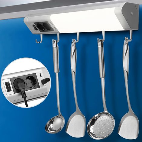 Lampada Luce Sottopensile Cucina Con 5 Ganci Portastoviglie 2 Prese Shucko + USB (1/5)