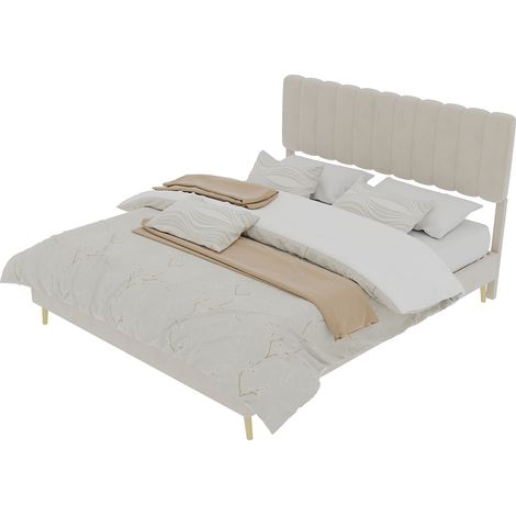 Lit rembourré moderne minimaliste avec tête de lit moelleuse, 160x200 cm, beige, meuble de chambre multifonctionnel, base basse sans rangement (sans vérin à gaz), matelas non inclus. (1/5)