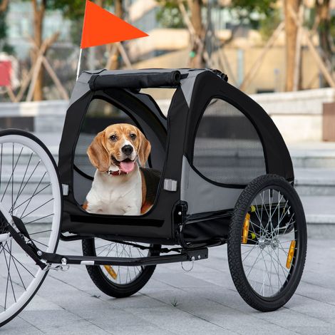 Remolque para bicicleta para perros con ventanas de malla, reflectores y bandera de seguridad, 140 x 71 x 83 cm, negro.