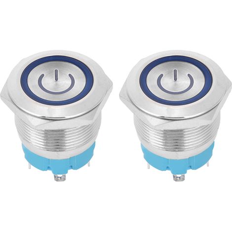 Bouton Poussoir Métal 22mm Plat 2 Pièces, Interrupteur Momentané 4 Broches IP65 12-24VDC Bleu avec Voyant Lumineux (1/5)