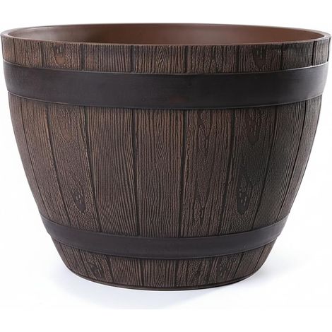 Pot de Fleur Plastique Imitation Bois Design Tonneau Ø38 cm Léger Résistant Gel UV Décoration Jardin Balcon Couleur Châtaigne (1/5)
