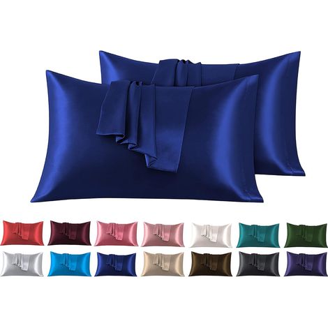 Taies d'oreiller en satin 50 x 70 cm, lot de 2, taies d'oreiller en satin bleu foncé, taies d'oreiller douces pour votre peau