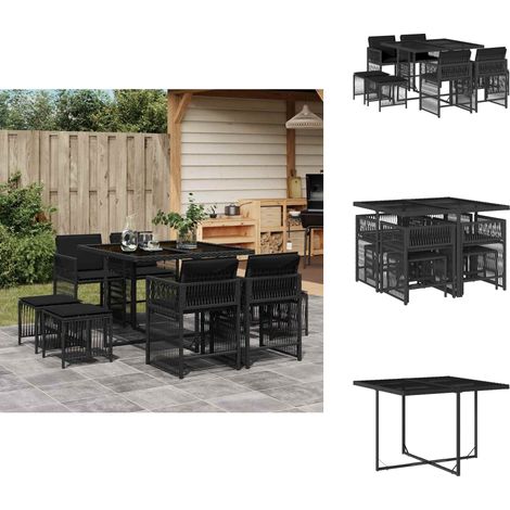 9-tlg. Garten-Essgruppe mit Kissen Schwarz Poly Rattan - Gartentisch - Gartenset - Esstisch - Gartenmöbel - Outdoor Möbel (1/5)