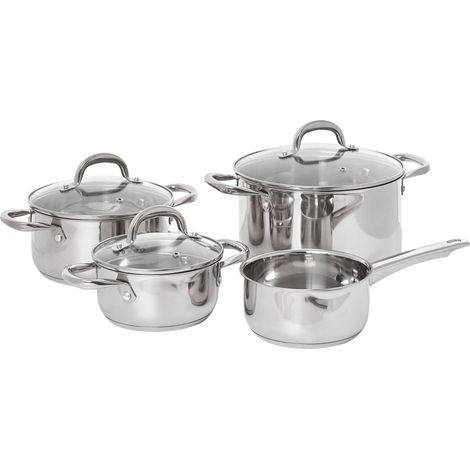 Ensemble de 7 Ustensiles de Cuisine en Acier Inoxydable 4 Casseroles avec Couvercles en Verre Argenté Primecook