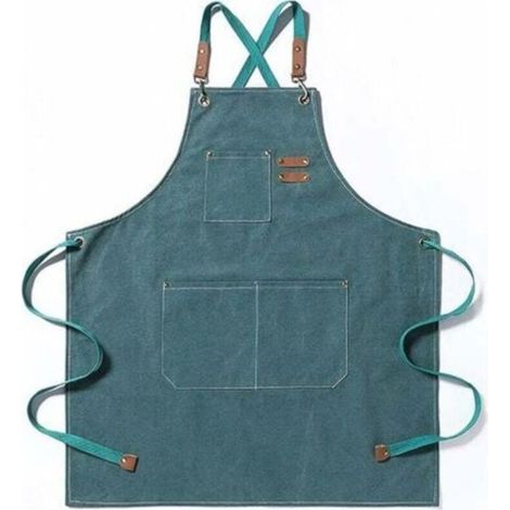 Tablier de chef, tablier de jardinage en toile de coton avec grandes poches pour hommes et femmes, bavoir de cuisine, tablier de jardinage réglable et résistant - Vert (1/4)
