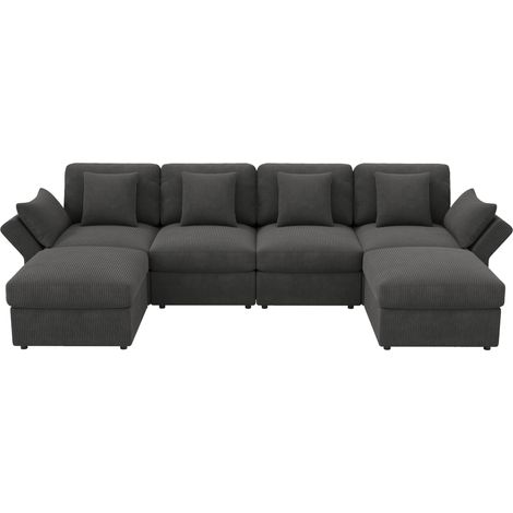 Canapé d'angle modulable 6 places en tissu velours côtelé gris avec accoudoirs réglables et poufs amovibles (1/5)
