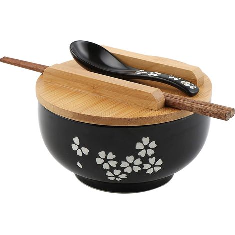 BEBUSINGOTO Juego de tazones para ramen, tazones japoneses para fideos ramen con tapa y cuchara, tazón grande de cerámica para sopa, tazón de arroz negro dibujado a mano, tazón de fideos retro de 6.5 (1/5)