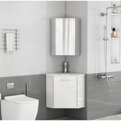 Mueble de baño de esquina con lavabo cerámico y armario con espejo, blanco brillo DESVIAE (1/5)