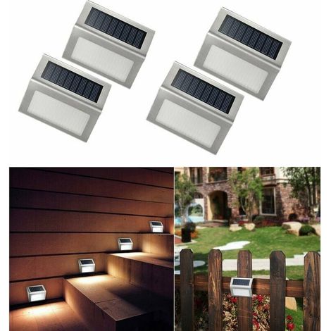 Lot de 4 lampes solaires de jardin à 3 LED en acier inoxydable, appliques murales solaires avec allumage/extinction automatique, résistantes aux intempéries pour une utilisation extérieure, terrasse,